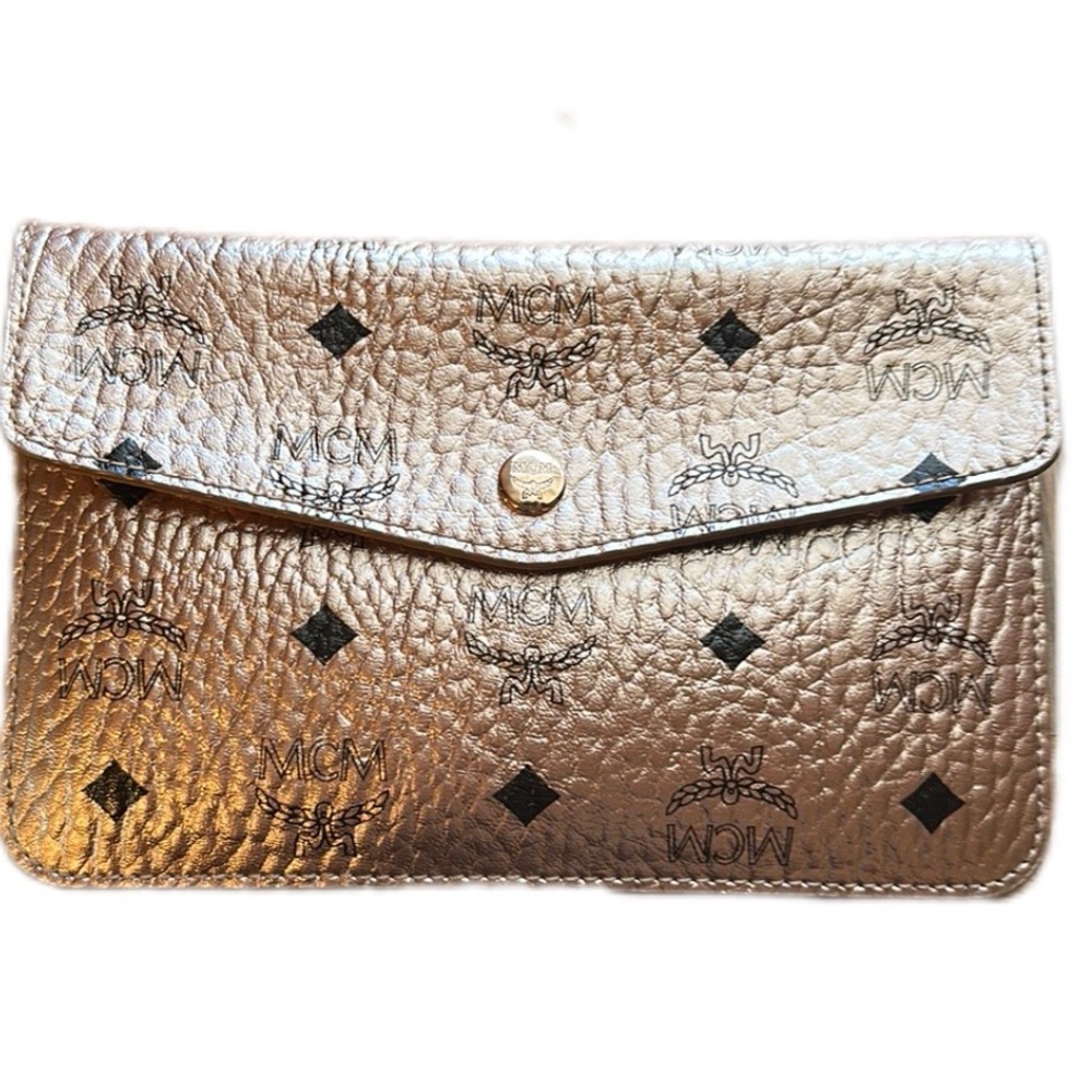 MCM Rose Gold Black Leather Envelope Wristlet Gold Hardware Authenticate Card